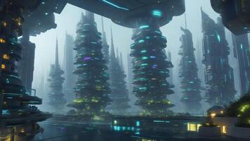 Futuristic high-tech city, high-speed data transmission automation concept photo