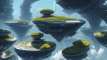 Float futuristic high-tech city, high-speed data transmission automation concept photo
