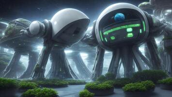 Future sense of alien high-tech city, plant landscaping, data transmission concept photo