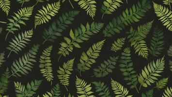 watercolor rainforest fern leaves black background, tile seamless repeating pattern photo