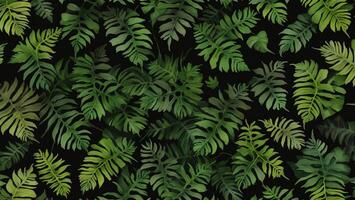 watercolor rainforest fern leaves black background, tile seamless repeating pattern photo