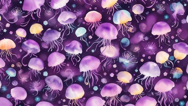 watercolor beautiful Purple Gradient Jellyfish, tile seamless repeating pattern photo