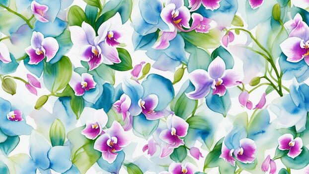 watercolor beautiful purple orchids, tile seamless repeating pattern photo