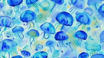 watercolor beautiful blue Gradient Jellyfish, tile seamless repeating pattern AI generated photo