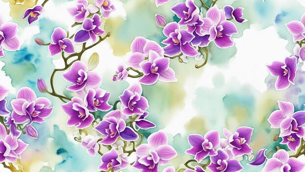 watercolor beautiful purple orchids, tile seamless repeating pattern photo