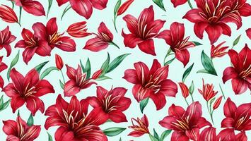 watercolor ink, Beauty red Lily flower, tile seamless repeating pattern photo