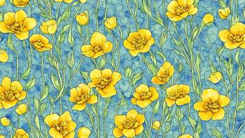 watercolor Beautiful Buttercup flower, tile seamless repeating pattern photo