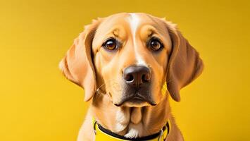 Cute brown dog labrador retriever facing the camera yellow background closeup ai generated photo