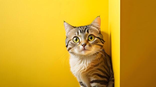 linda atigrado gato frente a el cámara amarillo antecedentes de cerca ai generado foto