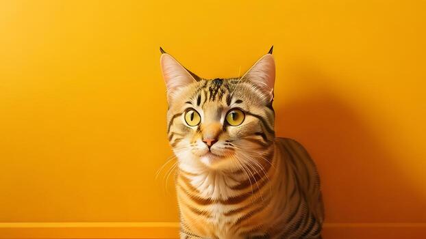 Cute tabby cat facing the camera yellow background closeup photo