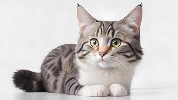 Cute tabby cat facing the camera white background closeup photo