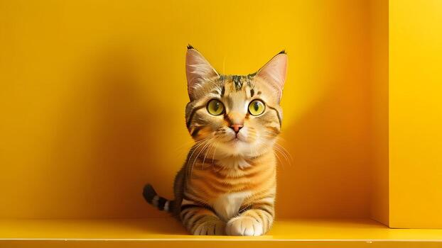 linda atigrado gato frente a el cámara amarillo antecedentes de cerca ai generado foto