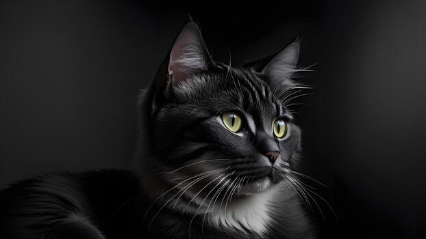 Cute black cat facing the camera black background closeup photo
