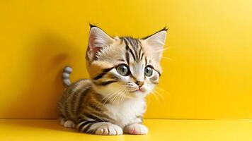 Cute tabby cat Kitten facing the camera yellow background closeup ai generated photo