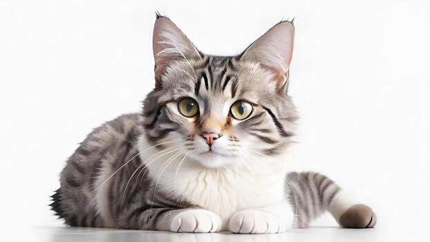 linda atigrado gato frente a el cámara blanco antecedentes de cerca ai generado foto