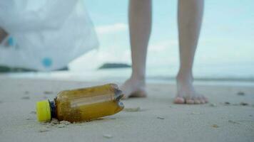 opslaan oceaan. vrijwilliger plukken omhoog uitschot vuilnis Bij de strand en plastic flessen zijn moeilijk ontleden voorkomen kwaad aquatisch leven. aarde, omgeving, vergroening planeet, verminderen globaal opwarming, opslaan wereld video