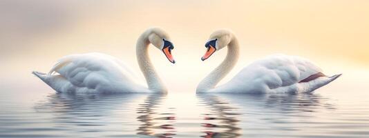 romántico par de cisnes en amor formas un corazón forma en el superficie de el agua, bandera hecho con generativo ai foto