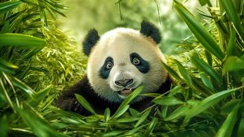 panda in bamboo forest in nature, banner made with Generative AI photo