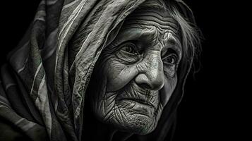 el concepto de antiguo gente, un retrato de un abuela con un arrugado rostro, monocromo hecho con generativo ai foto