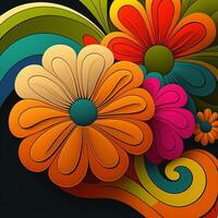 background with 1970s style grooves with colorful bright flowers. photo