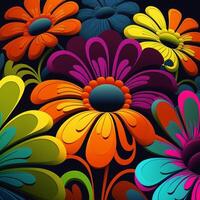 background with 1970s style grooves with colorful bright flowers. photo