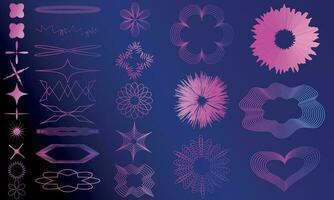 Trendy surreal geometric psychedelic elements in y2k style with stars, flowers shape, simple shapes forms, curved lines, minimalist basic form, memphis geometric elements in neon violet gradient color vector