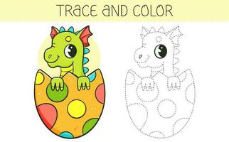 Trace and color coloring book with cute dragon in the egg for kids. Coloring page with cartoon dragon. Vector illustration