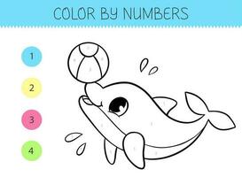 Color by numbers coloring book for kids with cute dolphin with ball. Coloring page with cartoon dolphin. Monochrome black and white. Vector illustration