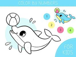 Color by numbers coloring page for kids with cute dolphin with ball. Coloring book with cartoon dolphin with an example for coloring. Monochrome and color versions. Vector illustration