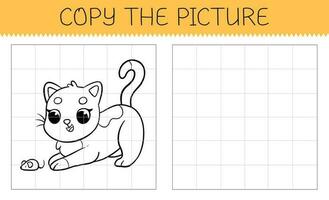 Copy the picture is an educational game for kids with cute cat. Cute cartoon cat coloring book. Vector illustration.