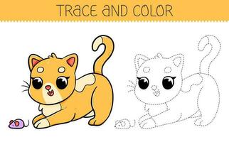 Trace and color coloring book with cute cat for kids. Coloring page with cartoon cat. Vector illustration