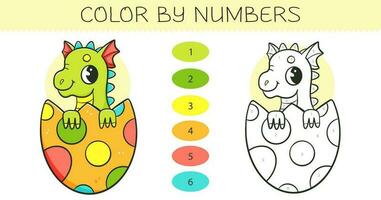 Color by numbers coloring book for kids with cute dragon in the egg. Coloring page with cartoon dragon with an example for coloring. Monochrome and color versions. Vector illustration