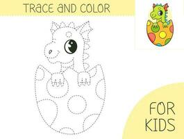 Trace and color coloring book with cute dragon in the egg for kids. Coloring page with cartoon dragon. Vector illustration for kids