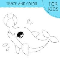 Trace and color coloring book with dophin with ball for kids. Coloring page with cute cartoon dolphin. Vector square illustration