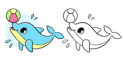 Dolphin with ball coloring book with coloring example for kids. Coloring page with dolphin. Monochrome and color version. Vector children's illustration