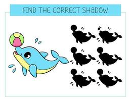 Find the correct shadow game with dolphin with ball. Educational game for children. Cute cartoon dolphin. Shadow matching game. Vector illustration.