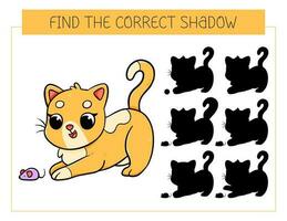 Find the correct shadow game with cat. Educational game for children. Cute cartoon cat. Shadow matching game. Vector illustration.