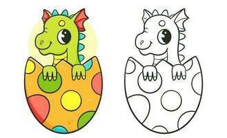 Dragon in the egg coloring book with coloring example for kids. Coloring page with dragon. Monochrome and color version. Vector children's illustration.