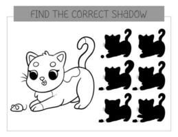 Find the correct shadow coloring book with cat. Coloring page educational game for kids. Cute cartoon kitten. Shadow matching game. Vector illustration