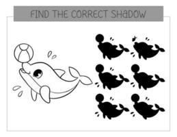 Find the correct shadow coloring book with dolphin with ball. Coloring page educational game for kids. Cute cartoon dolphin. Shadow matching game. Vector illustration