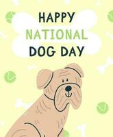 contento nacional perro día saludo tarjeta diseño. un agudo perro con pelotas en un dibujos animados estilo. vector dibujos animados ilustración
