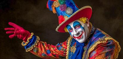 laughing joker in colorful clothes, theatrical entertainment for children and adults, made with Generative AI photo