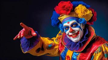 laughing comedian in colorful clothes, theatrical entertainment for children and adults, made with photo