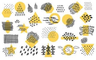 Modern abstract collection Collage minimal design set in trendy pop art style. Hand drawn black ink skrubble with simple geometric yellow forms Star, square, circle, ring, triangle Vector illustration