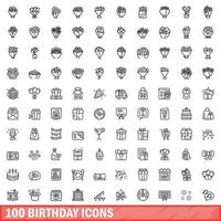 100 iconos de cumpleaños, estilo de esquema vector