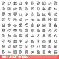 100 hacker icons set, outline style vector