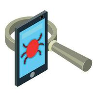 Infected smartphone icon isometric vector. Smartphone with red bug and big loupe vector