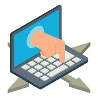 Internet fraud icon isometric vector. Hand from screen presses button and arrow vector