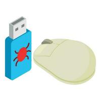 Infected usb icon isometric vector. Flash drive with virus and wireless mouse vector