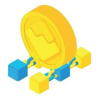 Blockchain technology icon isometric vector. Block chain and golden waves coin vector